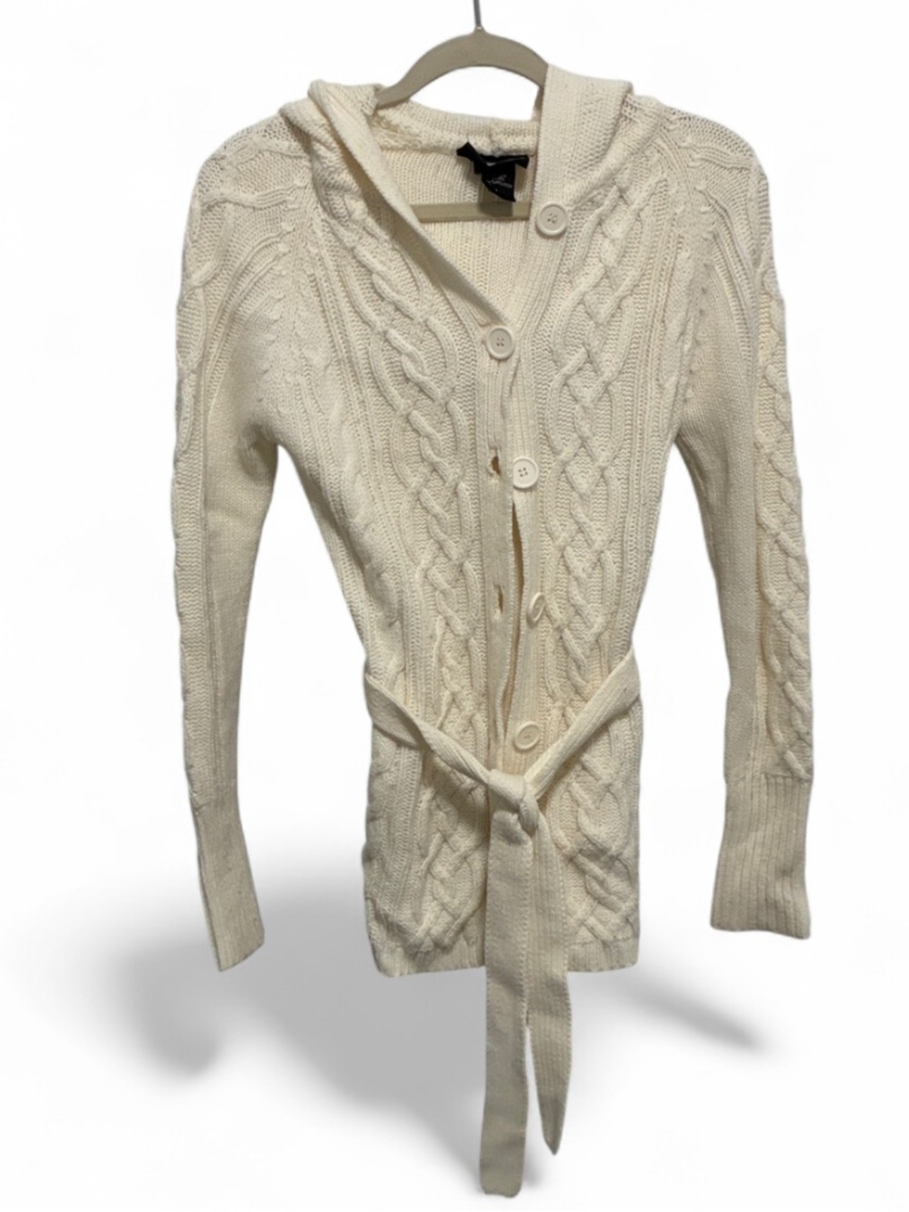Y2K It's Our Time Cream Cable-Knit Hooded Cardigan with Tie Belt